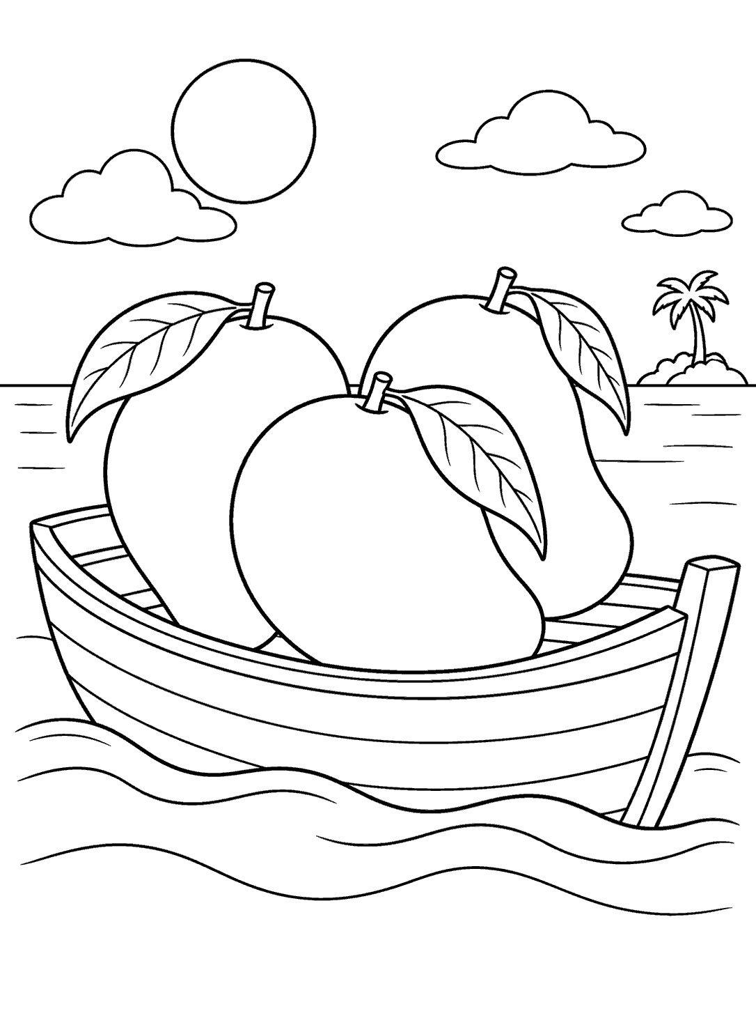 Three large mangoes in a wooden boat, with gentle waves and a tiny palm island in the distance.