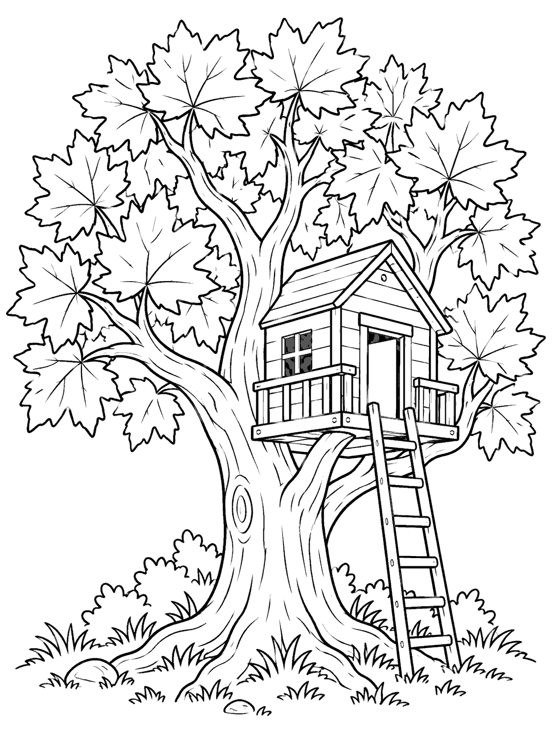Black-and-white coloring page of a large maple tree with a wooden treehouse in its lower branches, a ladder, broad lobed leaves, and grassy roots.