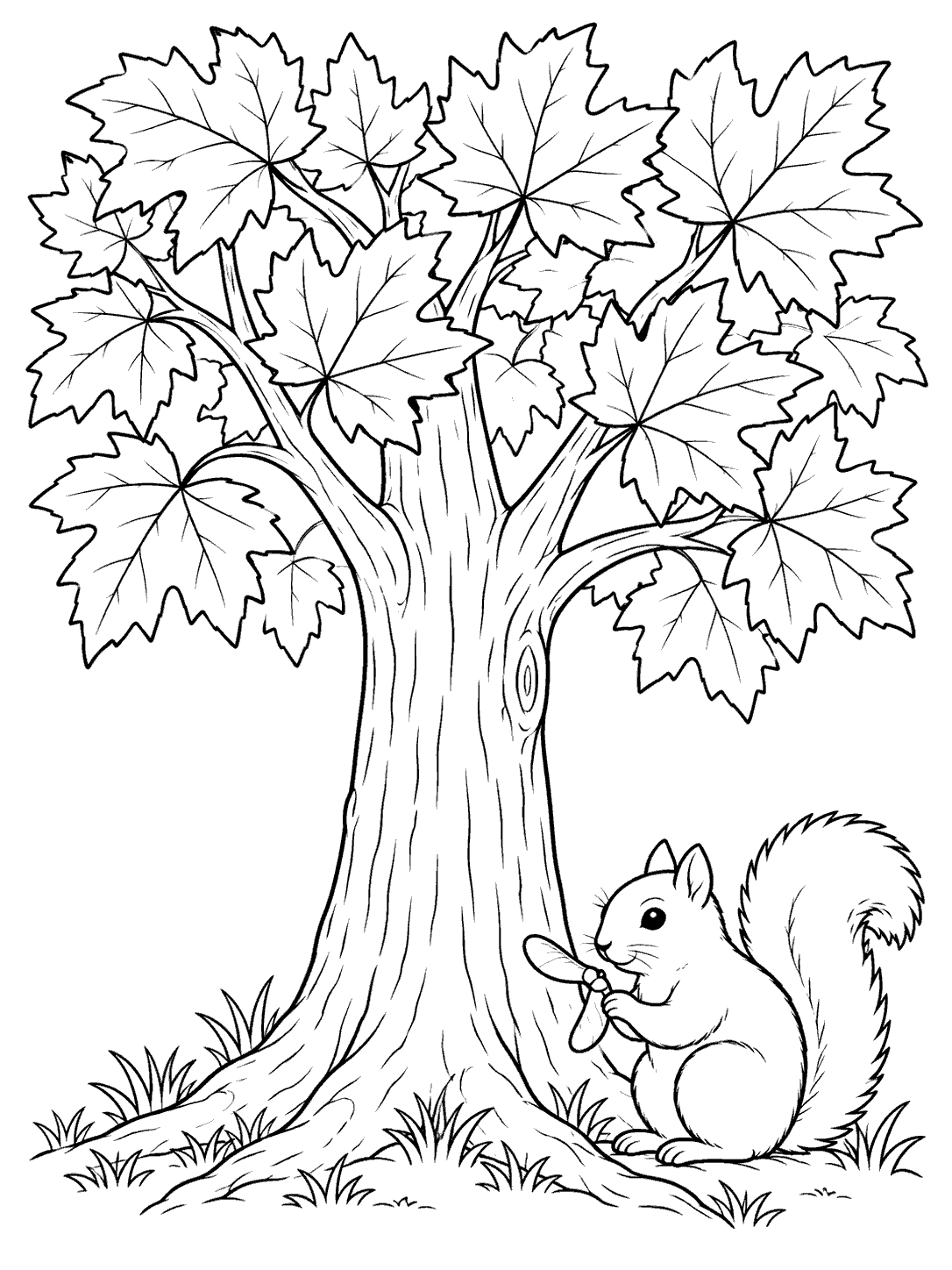 A large maple tree with a small squirrel holding a maple seed beside its trunk.
