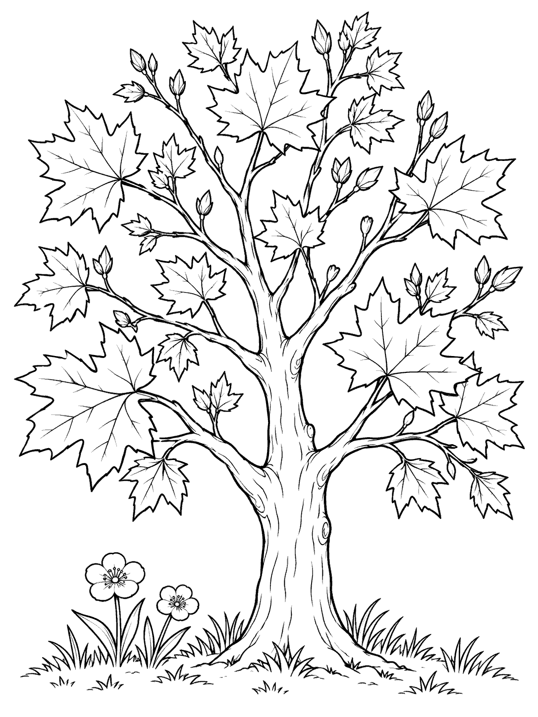 A large maple tree with fresh lobed leaves, grass, and two blossoms, drawn in black outlines on white.