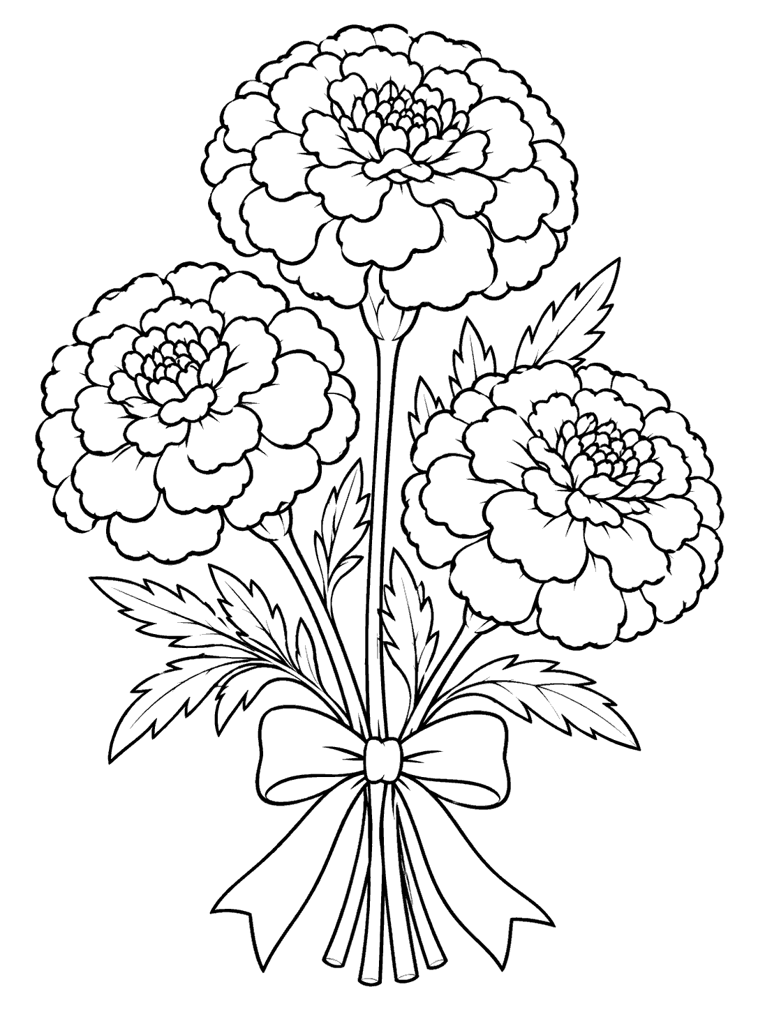 Three-flower marigold bouquet coloring page