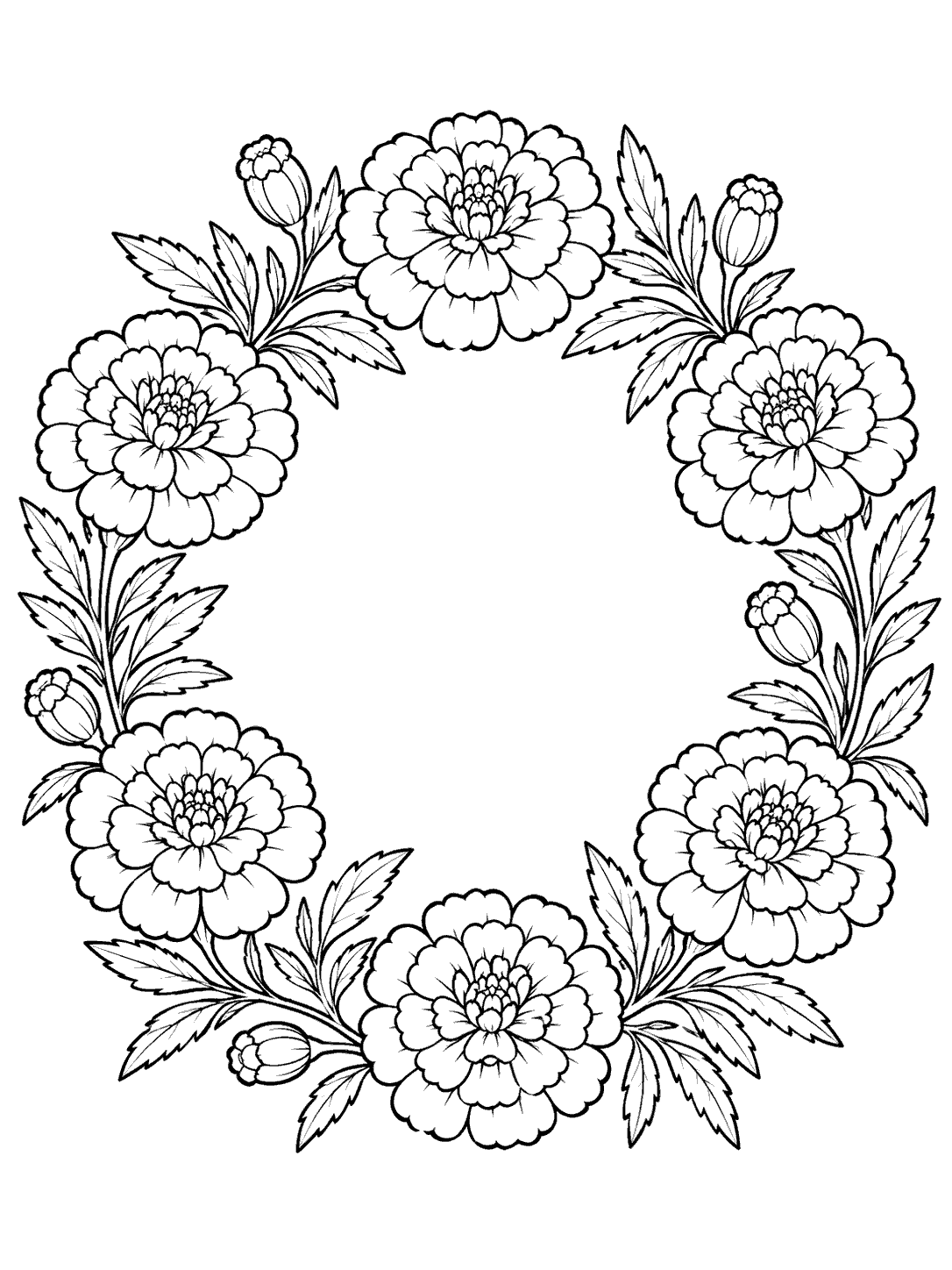 Circular marigold wreath coloring page with distinct flowers, leaves, and buds