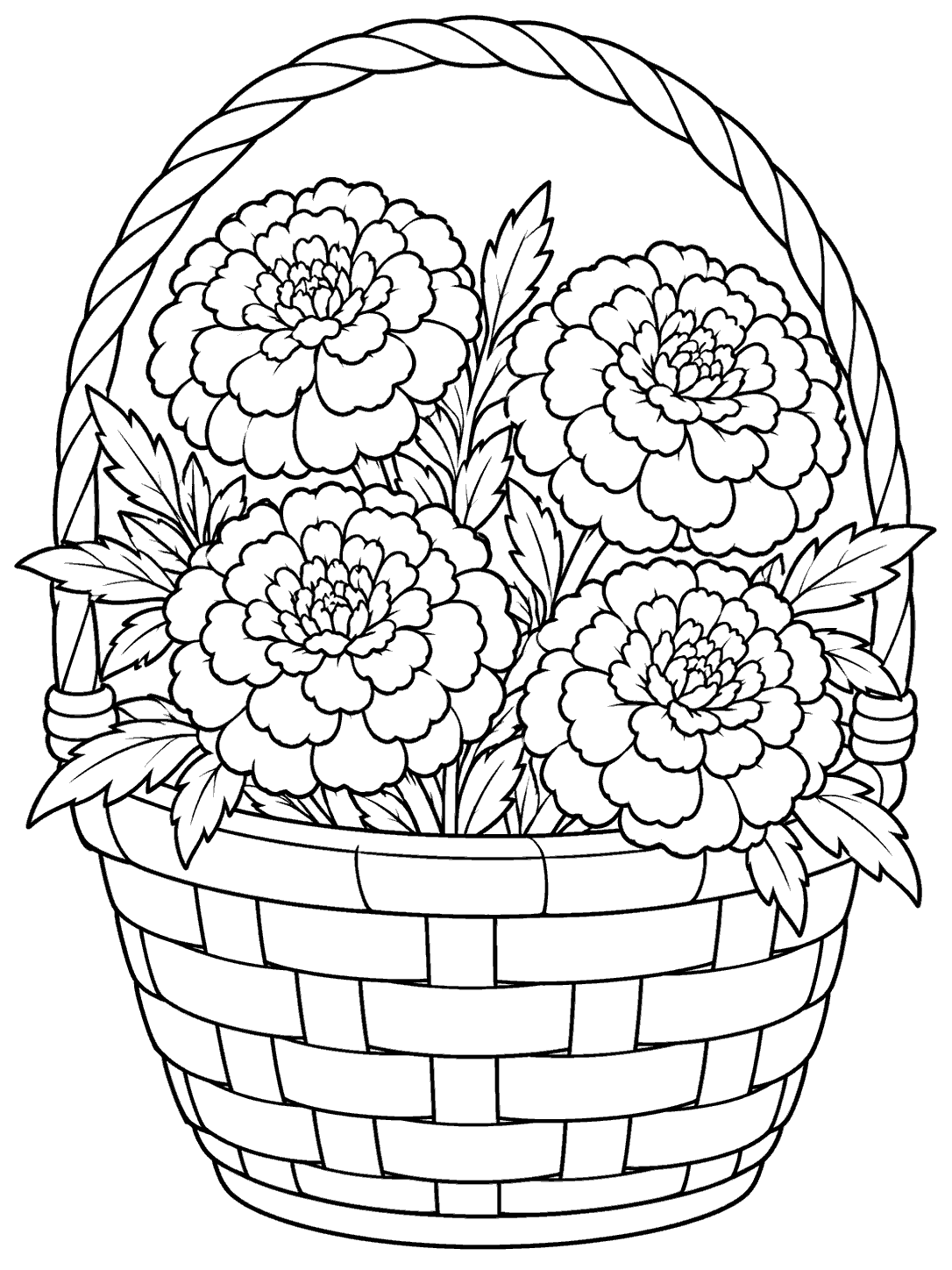 Black-and-white coloring page of a handled woven basket filled with four marigolds and leaves.