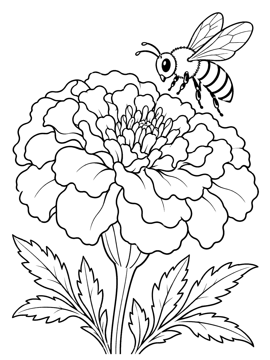 Black and white coloring page with a large open marigold, leafy stem, and hovering bee