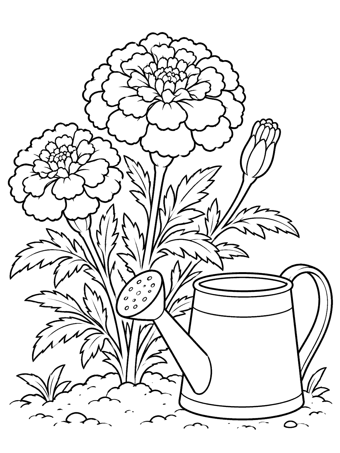 Black-outline coloring page of a marigold plant beside a watering can in a garden patch.