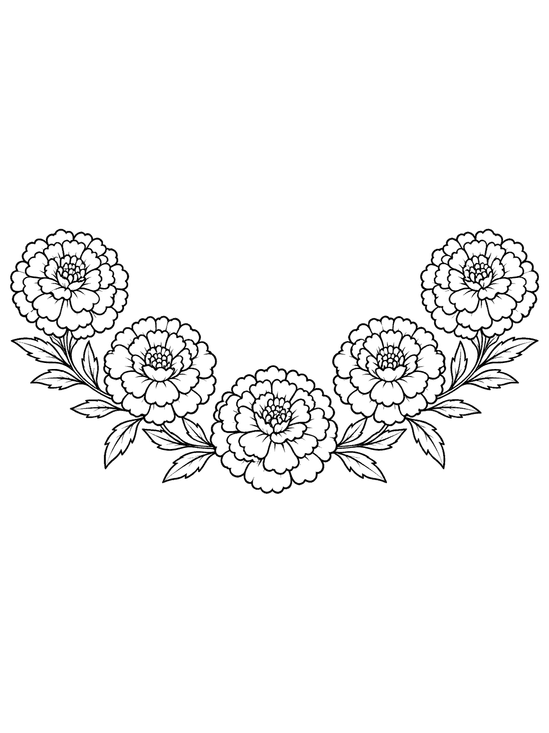 Black-and-white coloring page with five marigolds and leaves arranged in a shallow garland arc.