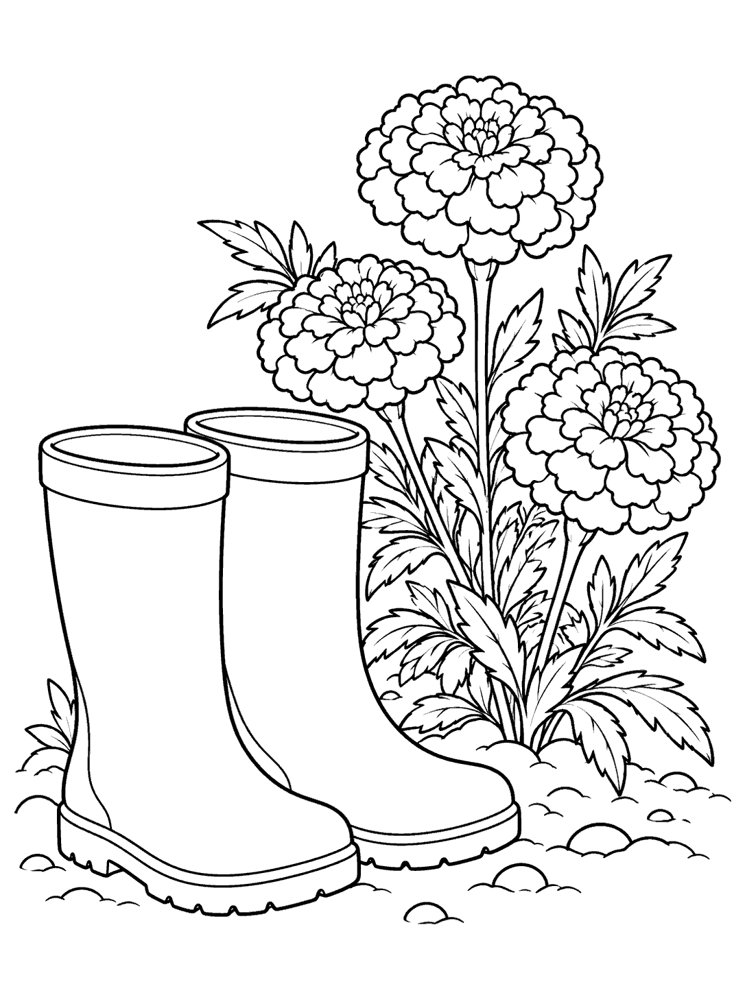 Two outlined garden boots beside three marigold flowers and foliage on a coloring page.