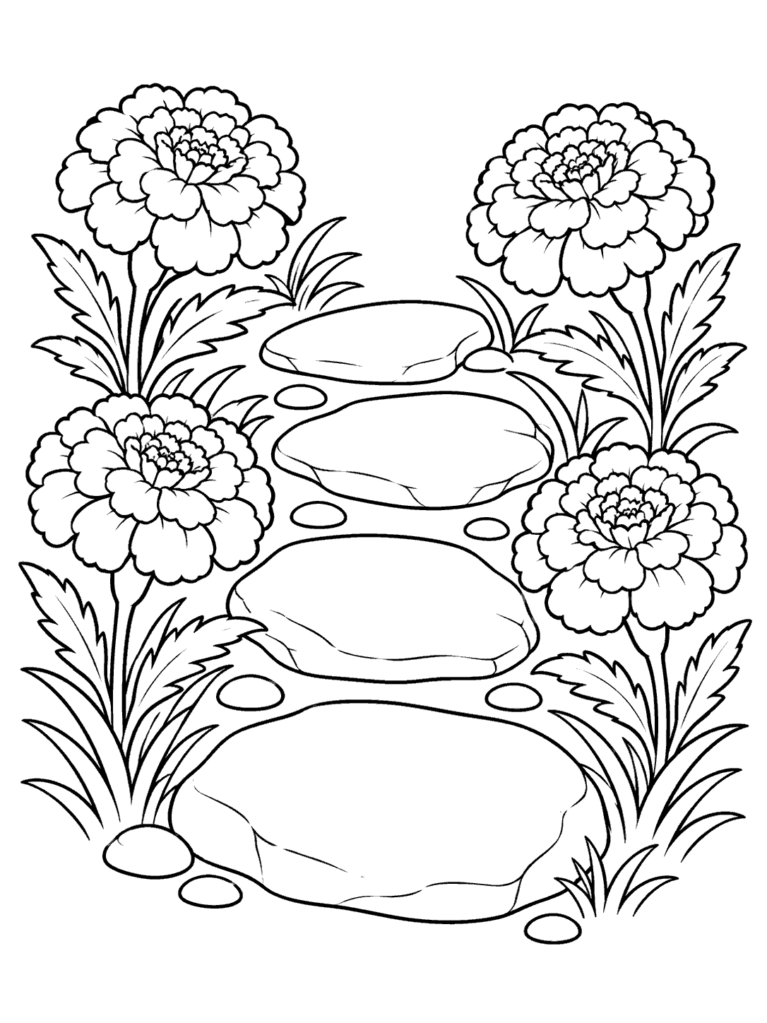 Four marigold blooms border a curving stepping-stone path on a coloring page.
