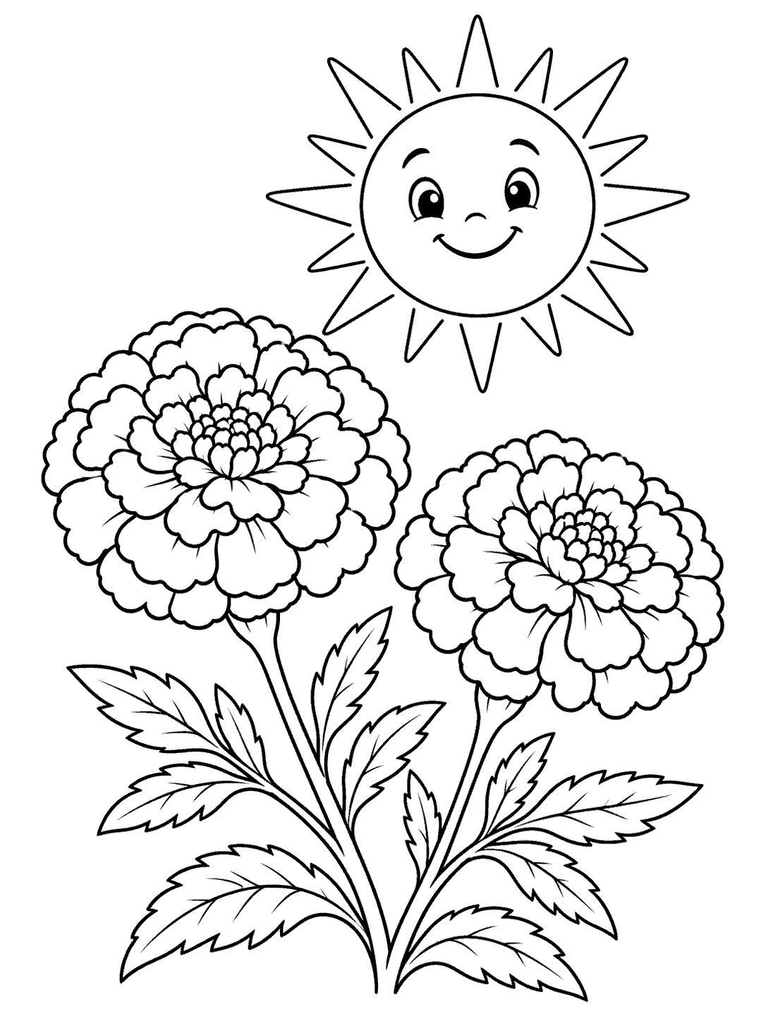 Two detailed marigold flowers beneath a smiling sun in a black-outline coloring page.