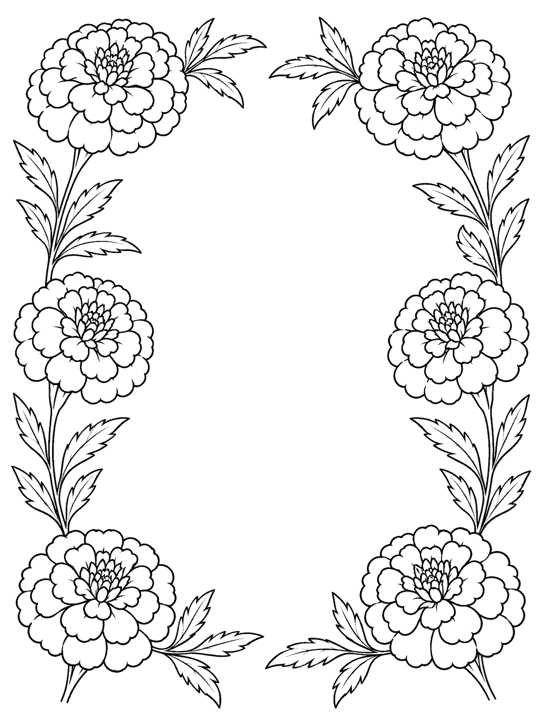 Six outlined marigold blooms and leaves arranged around a blank center on a portrait coloring page.