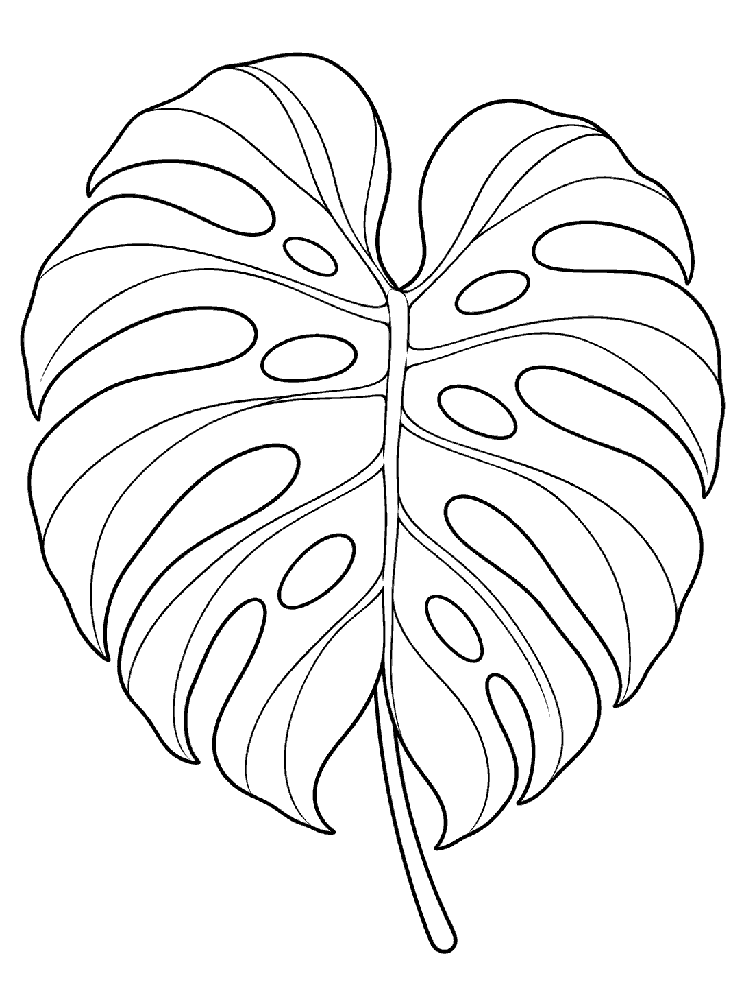 Black-outline monstera leaf coloring page with broad lobes, oval fenestrations, and a long stem on white.