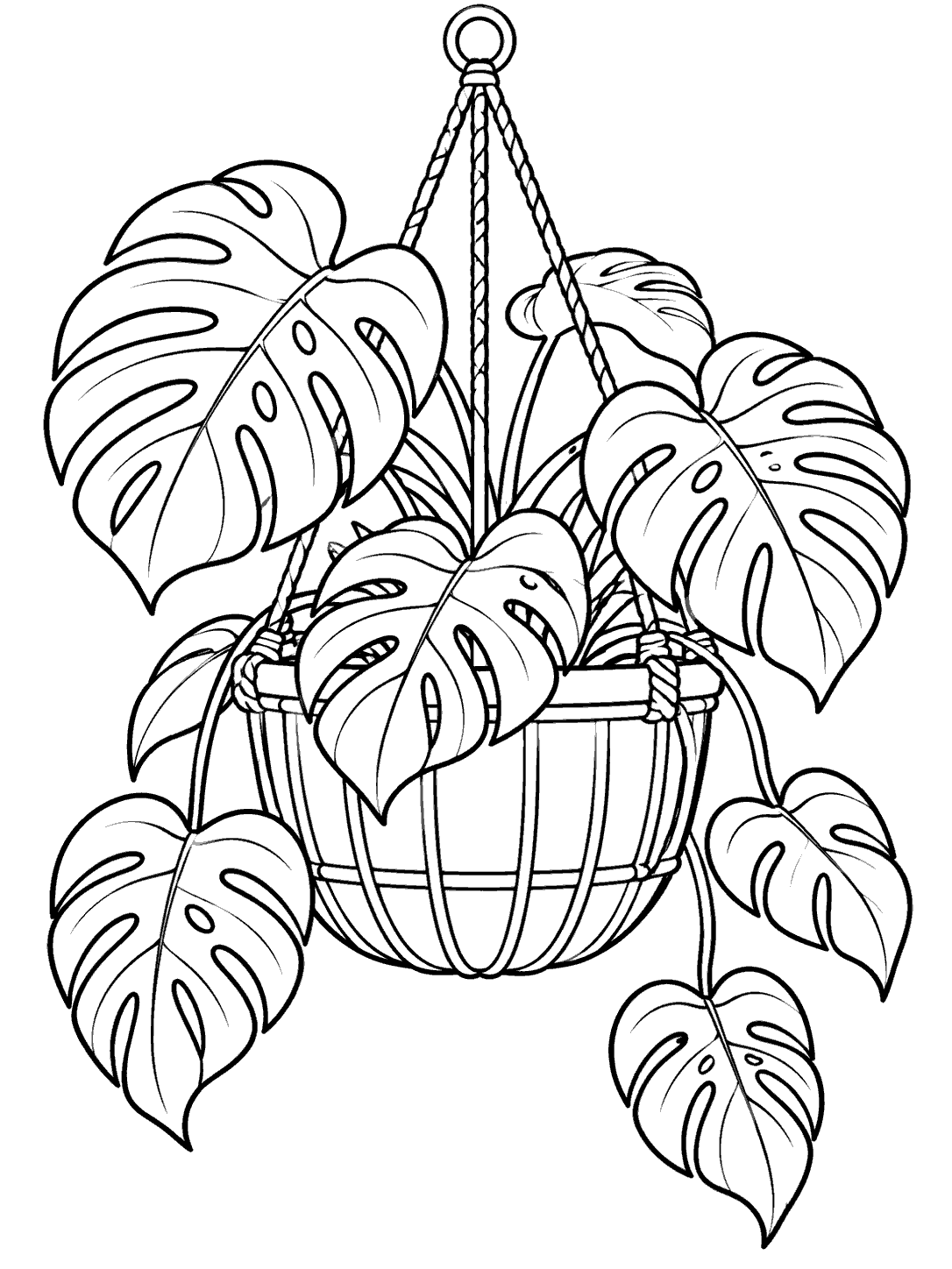 Monstera leaves cascading from a hanging basket planter coloring page