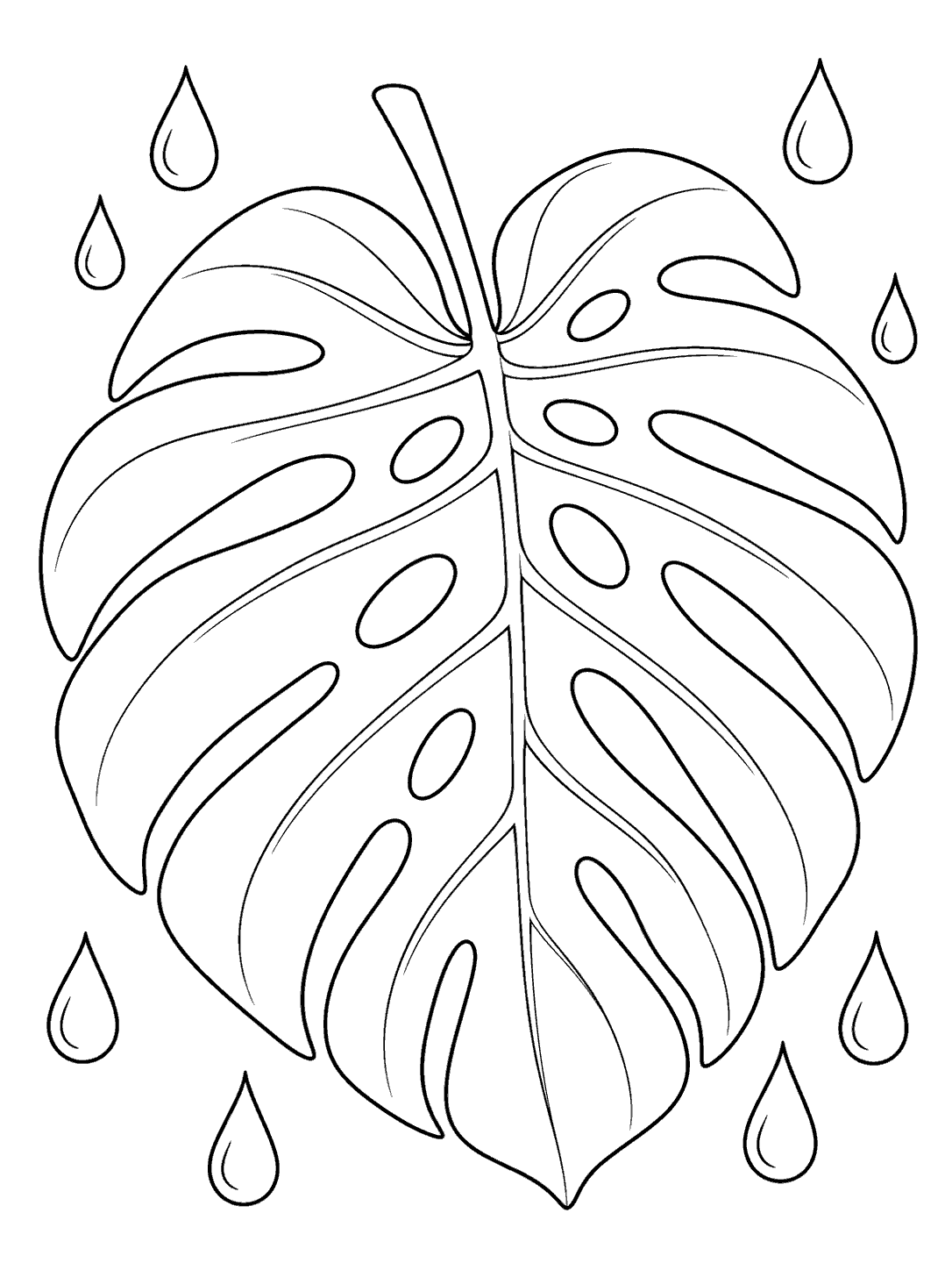 Oversized monstera leaf with open fenestrations and teardrop raindrops around it