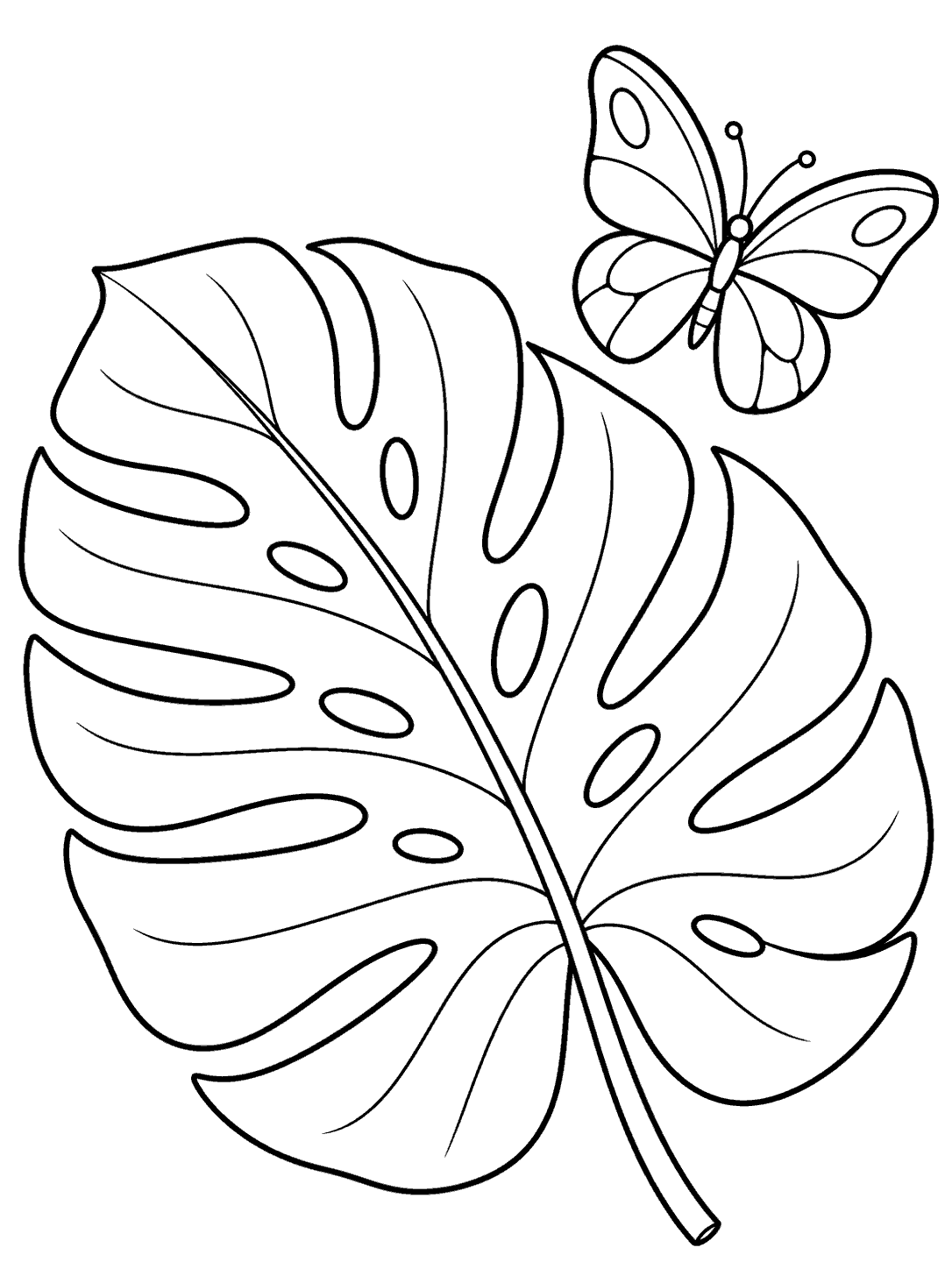 Monstera and butterfly coloring page with a large split leaf and a separate butterfly.
