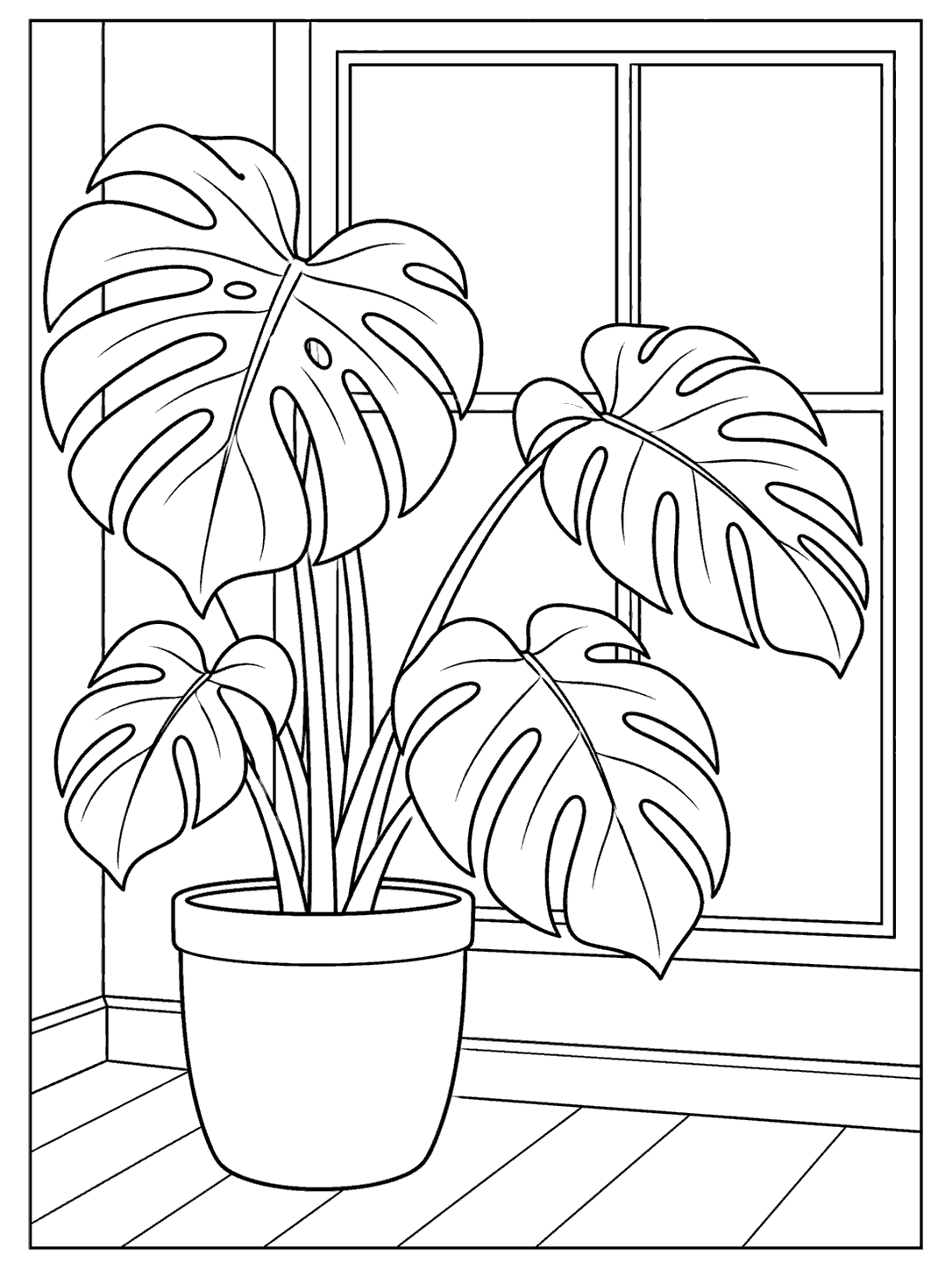 Printable black-and-white coloring page of a potted monstera beside a large four-pane window.