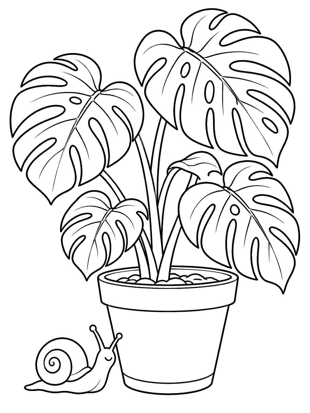 Black-and-white coloring page showing a potted monstera with large split leaves and a smiling garden snail with a coiled shell near the pot base.