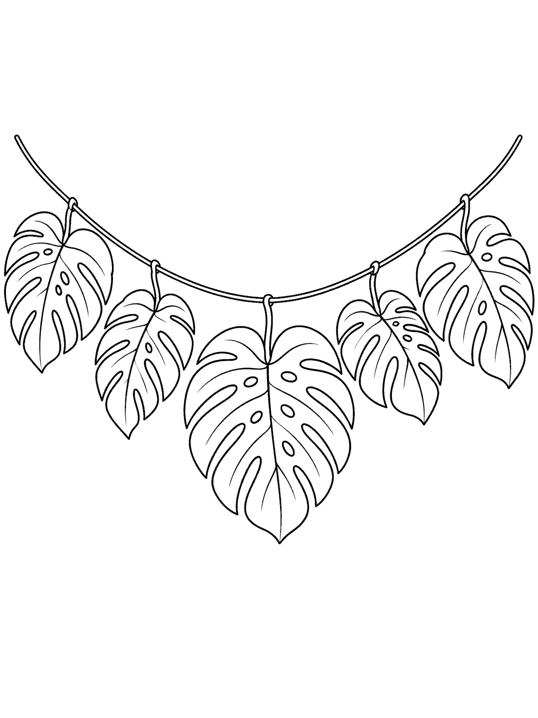 Black outline coloring page of five monstera leaves hanging from a curved garland cord