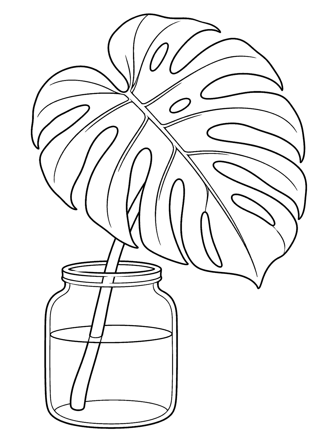 Black outline coloring page of a broad monstera leaf cutting in a glass jar with a curved waterline.