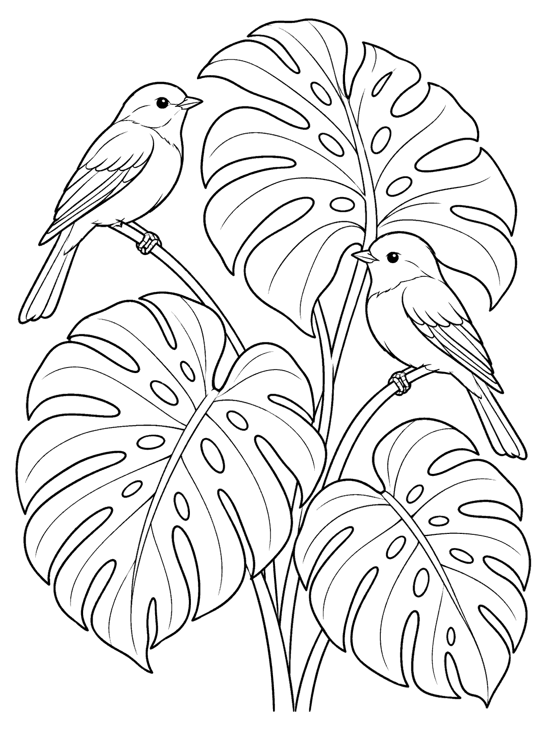 Monstera leaves with two birds coloring page