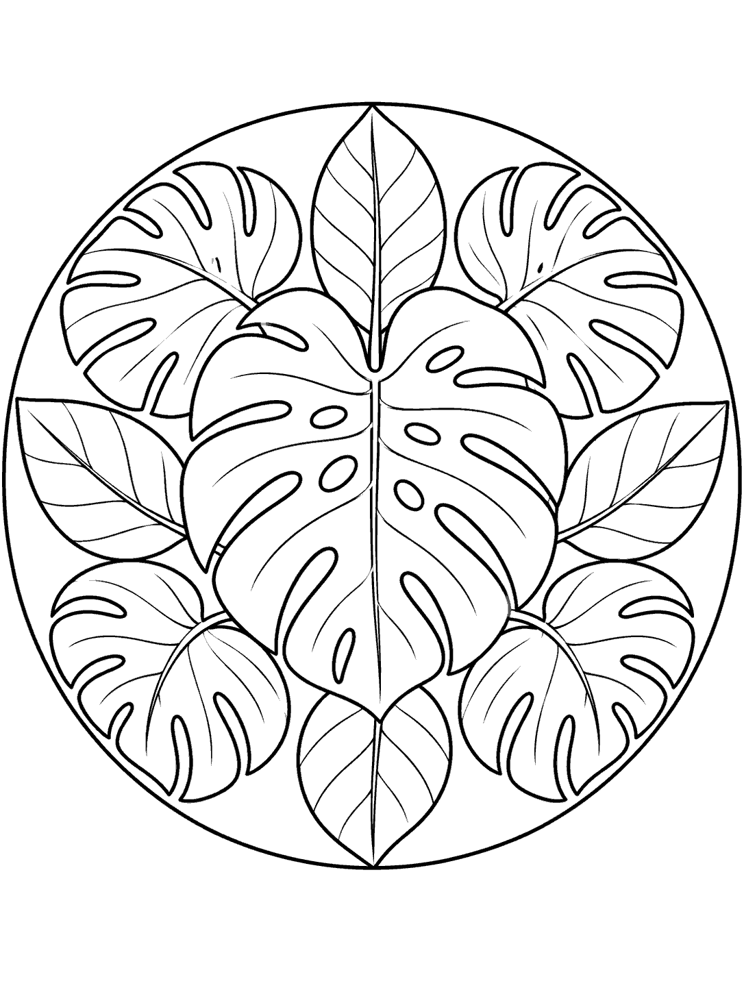 Monstera leaf mandala coloring page with a large central split leaf and smaller leaves radiating symmetrically around it.