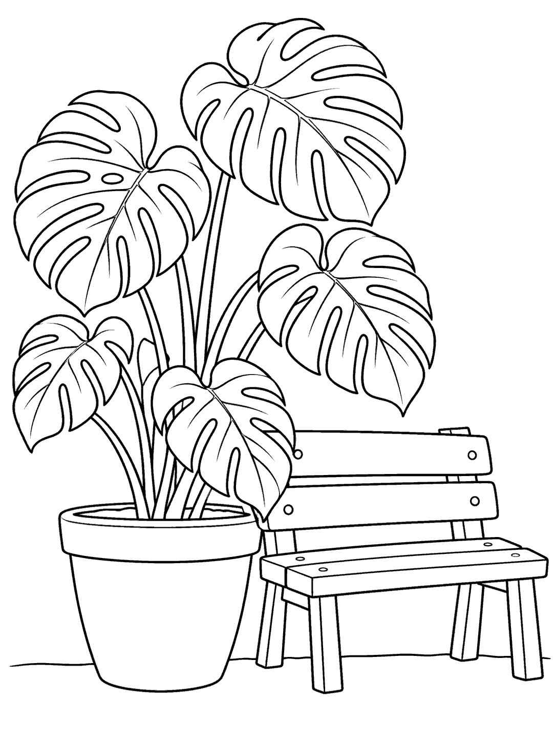 Large potted monstera with broad split leaves beside a wooden garden bench, drawn in black outlines on a white coloring page.