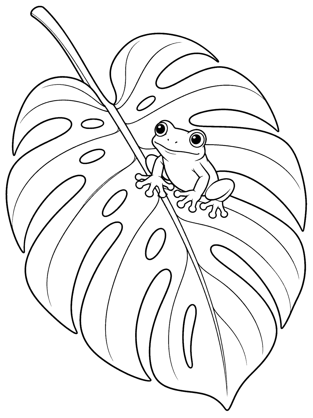 Black-and-white coloring page showing a friendly frog perched near the central vein of a large monstera leaf.