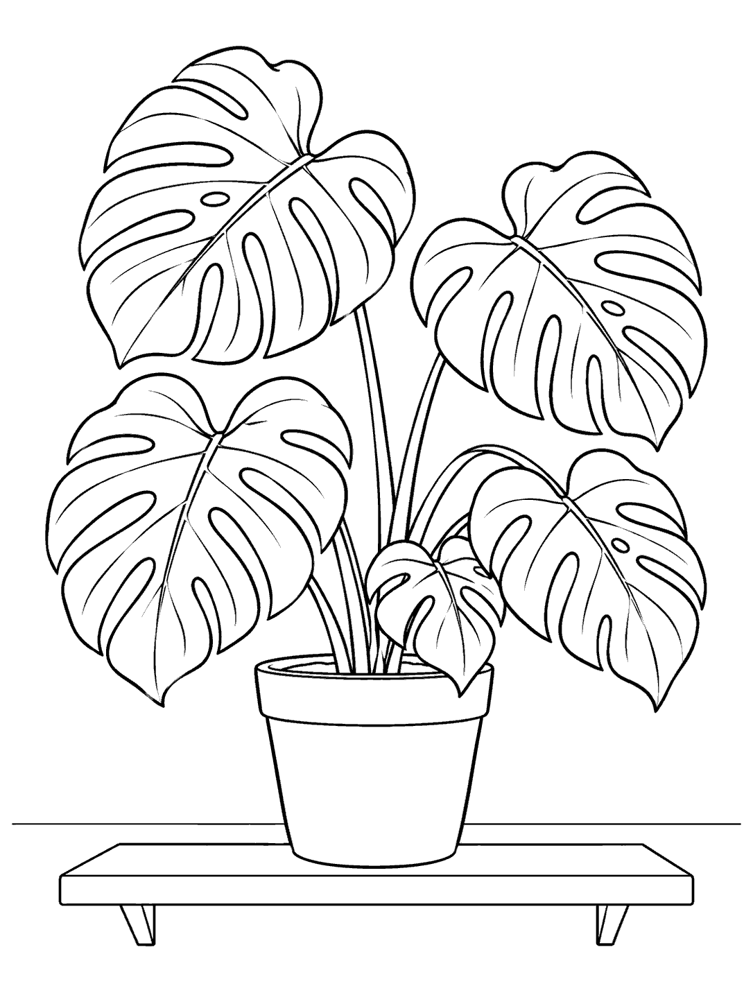 Black-outline monstera plant with several large lobed leaves in a simple pot on a floating shelf, arranged as a printable coloring page.