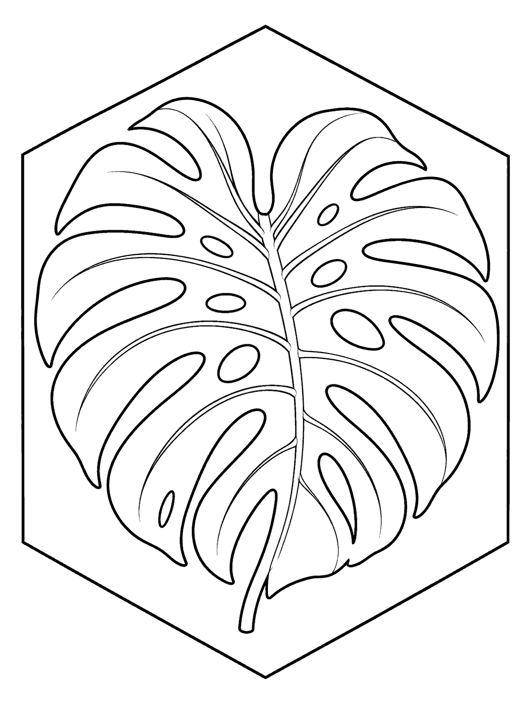 Black line art of a large monstera leaf inside a hexagonal frame coloring page