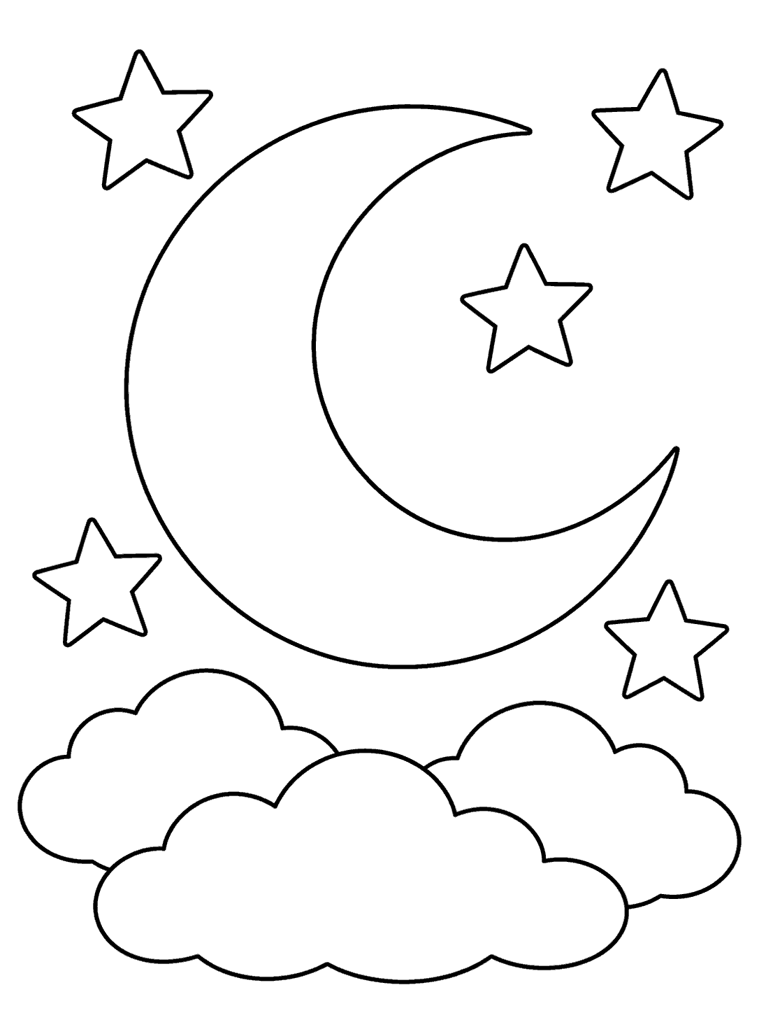 Black-and-white crescent moon and five stars above clouds coloring page