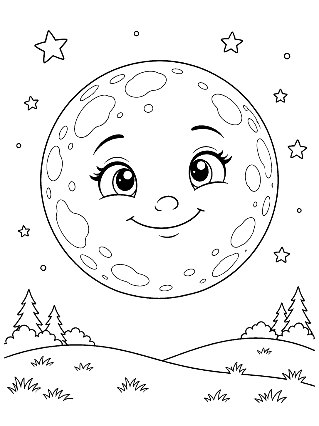 Large smiling full moon above two rolling hills, with stars and small trees, in a coloring page.