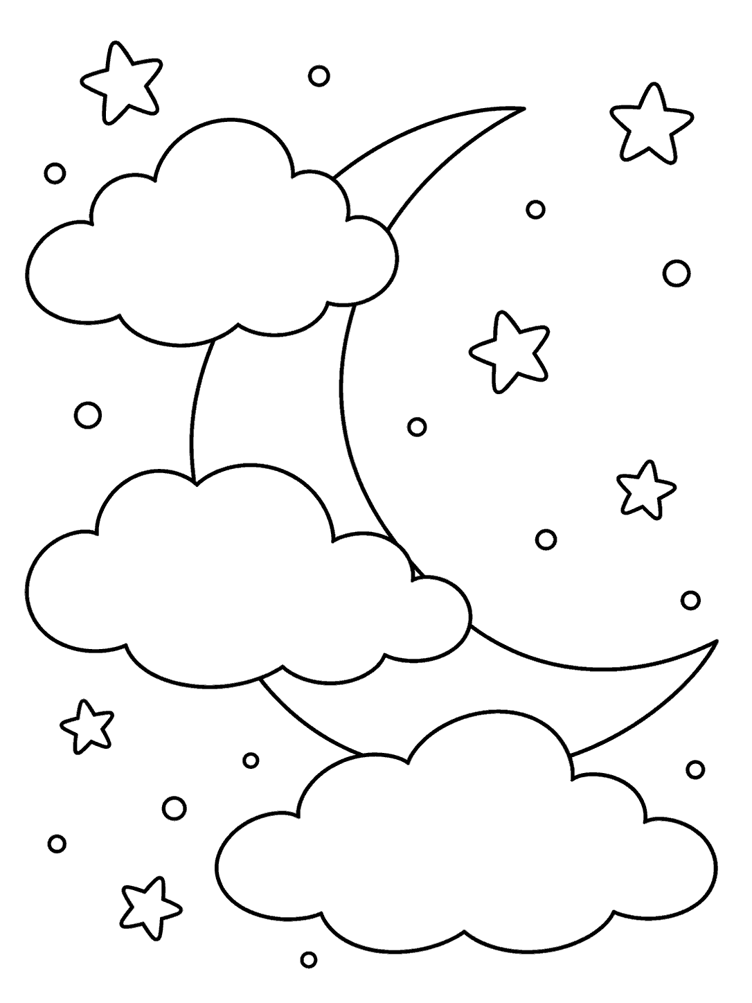 Large crescent moon partly overlapped by three puffy clouds and scattered stars, outlined for coloring.