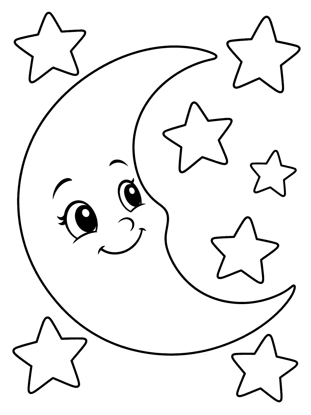 Friendly crescent moon with a smiling face surrounded by seven outlined stars in a coloring page.