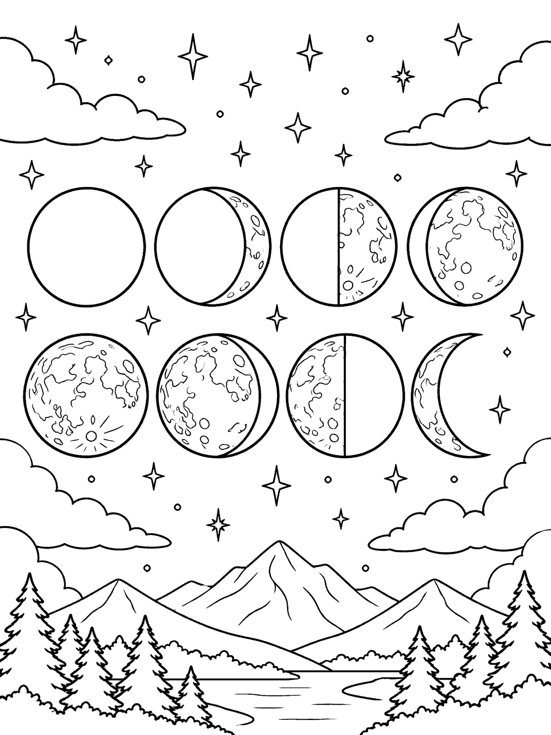 Printable coloring page showing eight outlined moon phases in two rows above a mountain lake, framed by clouds and stars.