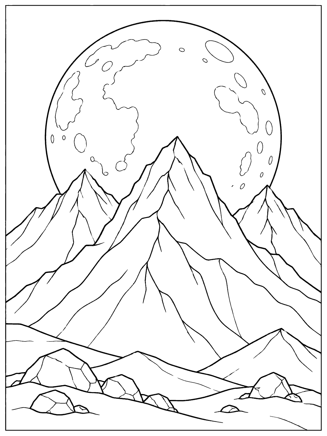 Full moon over mountain peaks coloring page