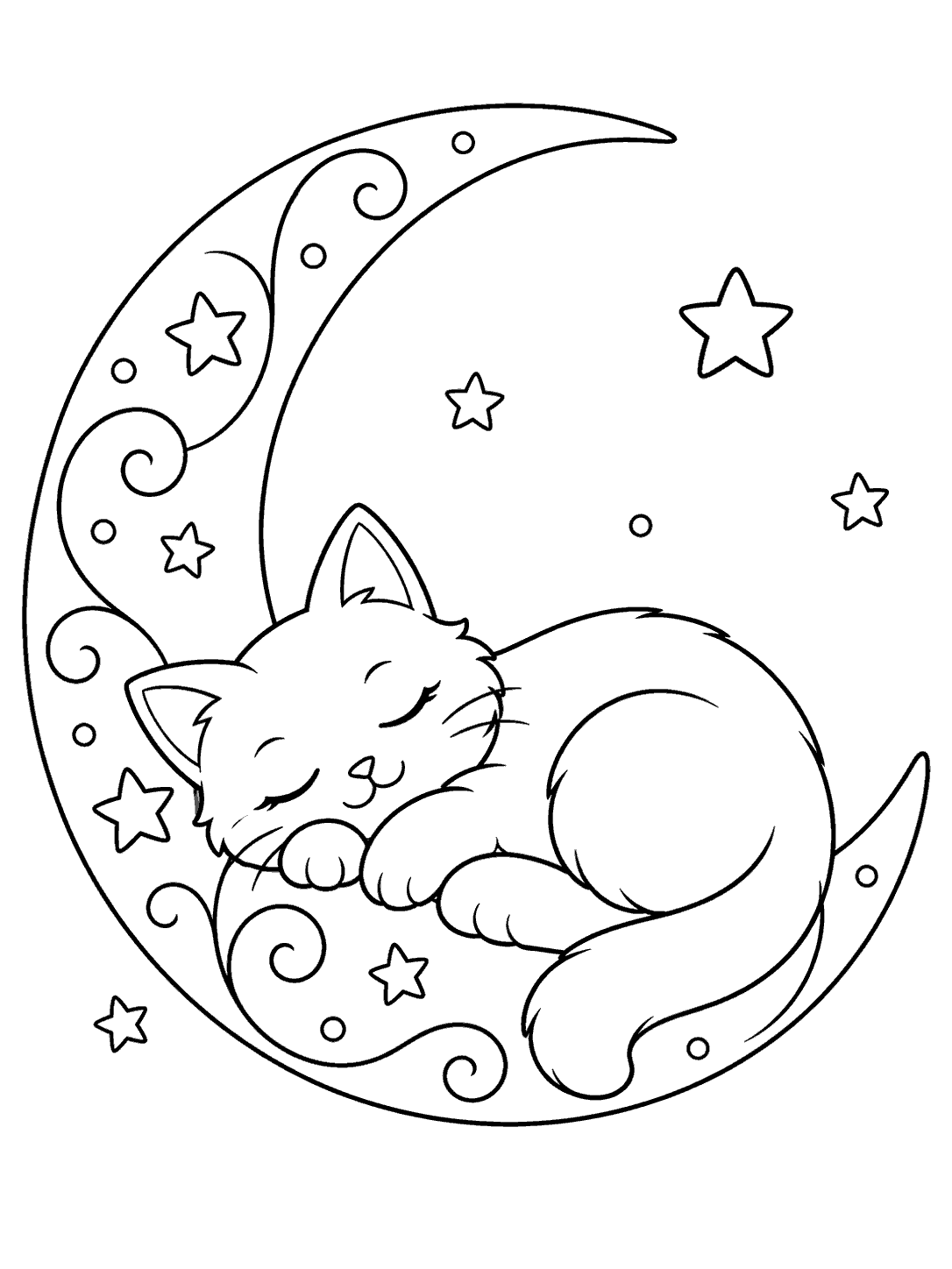 Whimsical sleeping cat curled in a crescent moon, surrounded by stars, in a coloring page.