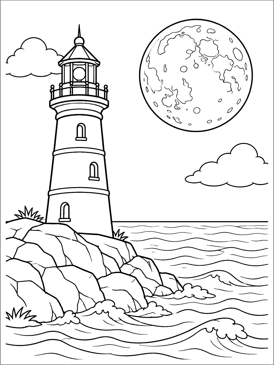 Black-and-white lighthouse on a rocky shore beneath a full moon and two clouds, with waves across the sea.
