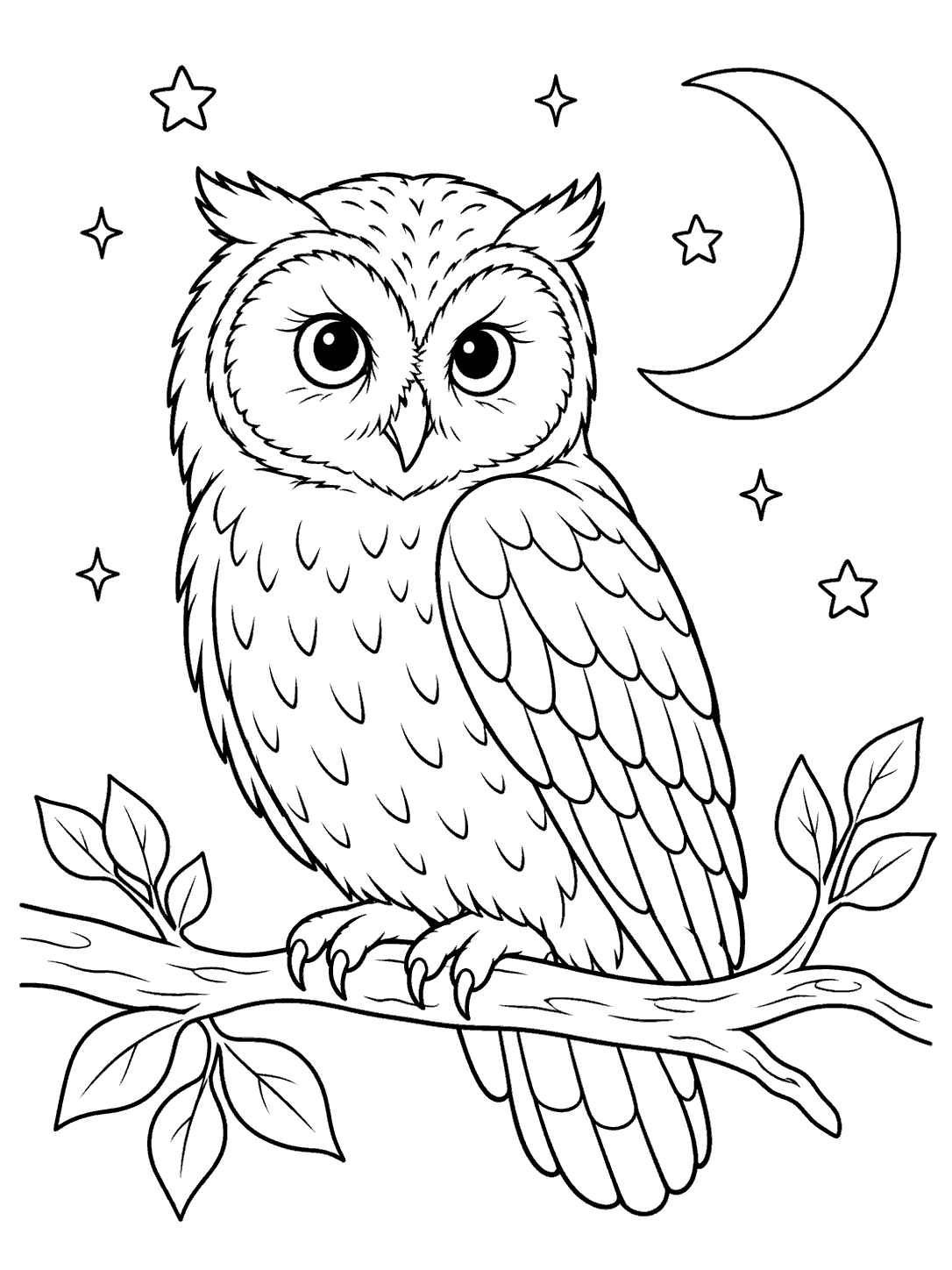 Owl perched on a branch beside a crescent moon coloring page