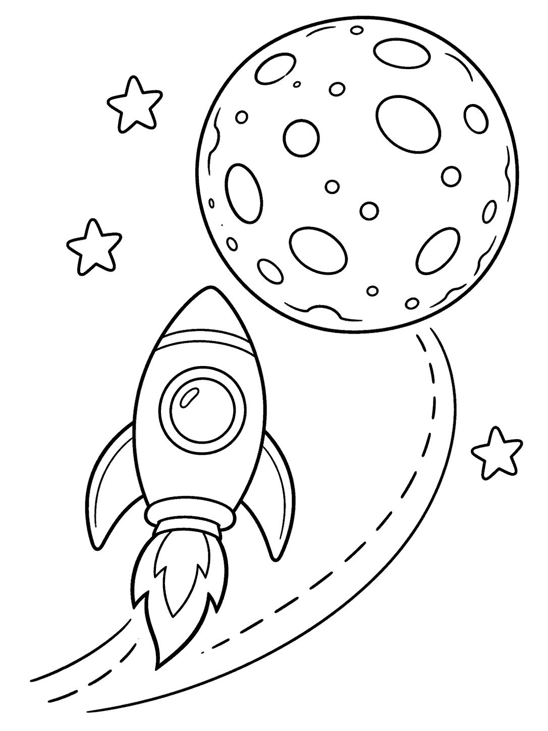 Rocket following a curved path toward a large cratered moon, with three stars, in a black-and-white coloring page.