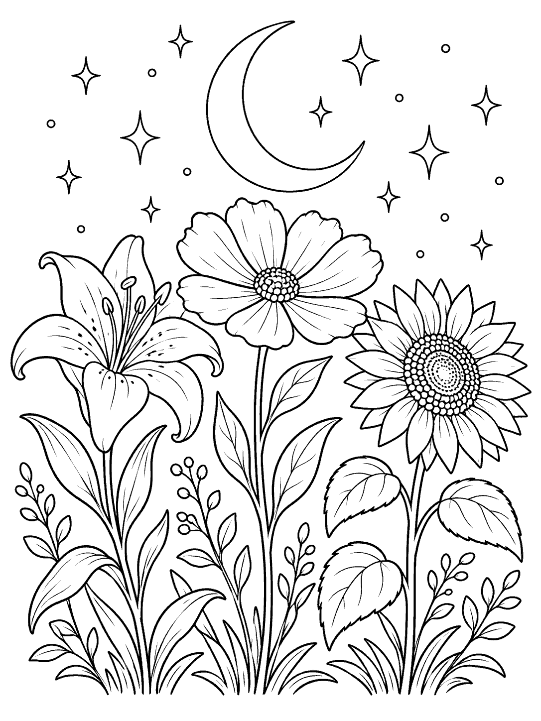 Black-and-white coloring page with three distinct flowers beneath a crescent moon and stars