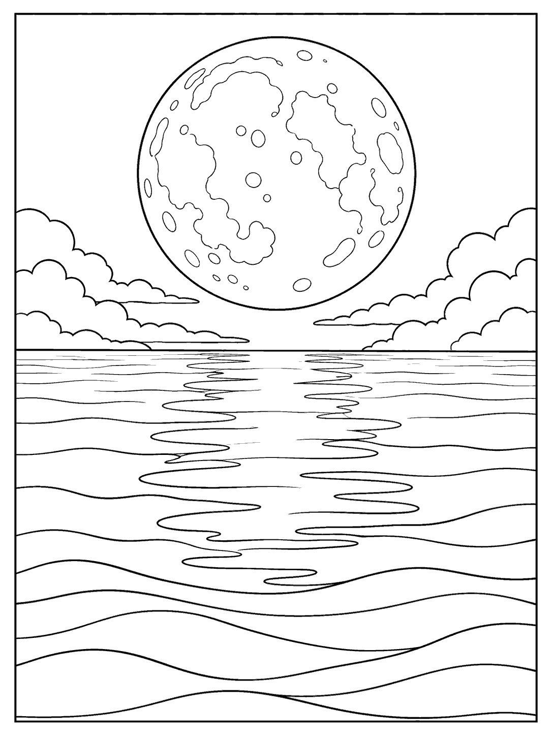 Large full moon above a calm ocean, with low clouds and a curved banded reflection, in a coloring page.
