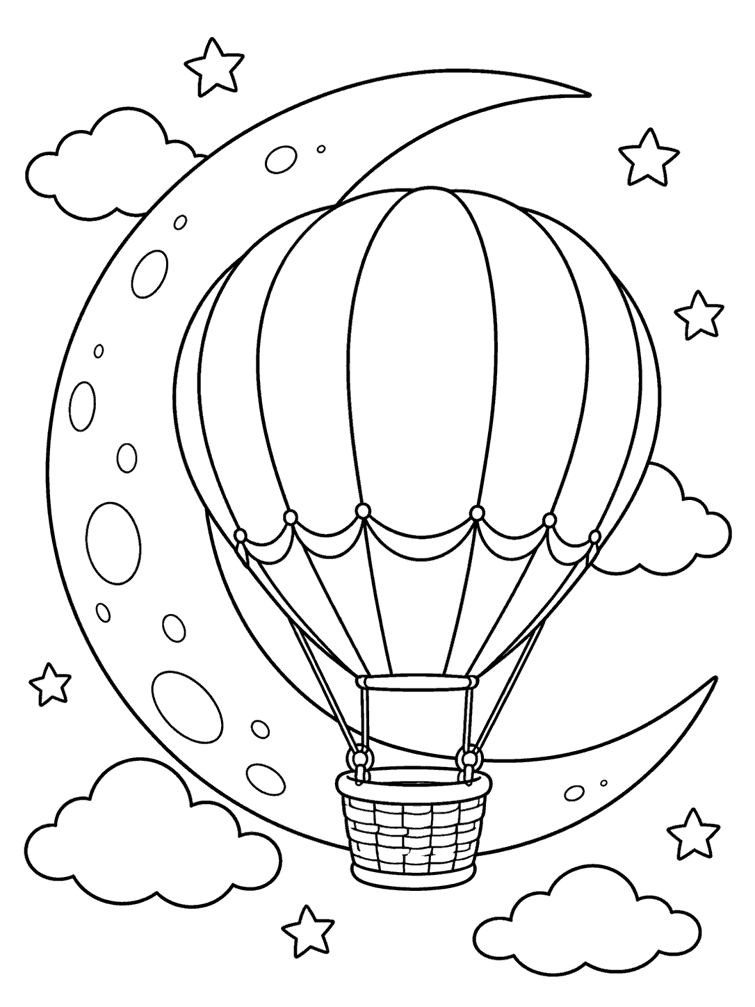 Black-and-white coloring page of a paneled hot-air balloon and basket floating in front of a large crescent moon, with clouds and stars.