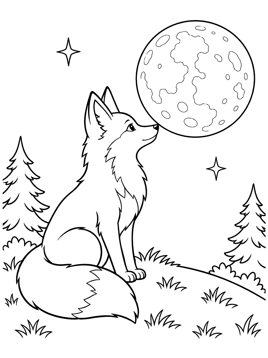 Black-and-white coloring page of a seated fox looking up at a full moon, with two pine trees and stars.