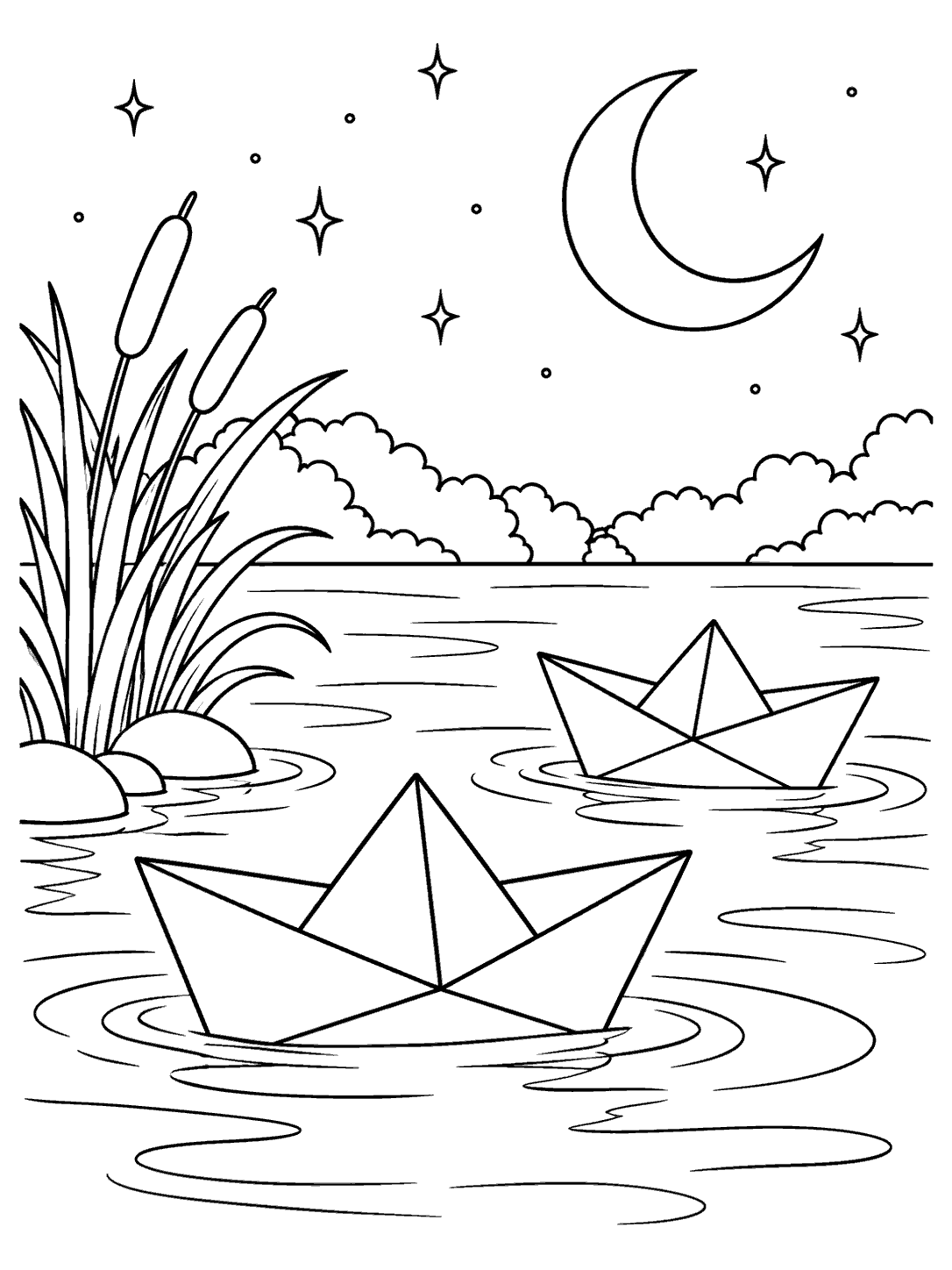 Two paper boats on a pond beneath a crescent moon, with reeds along the shore, in a coloring page.