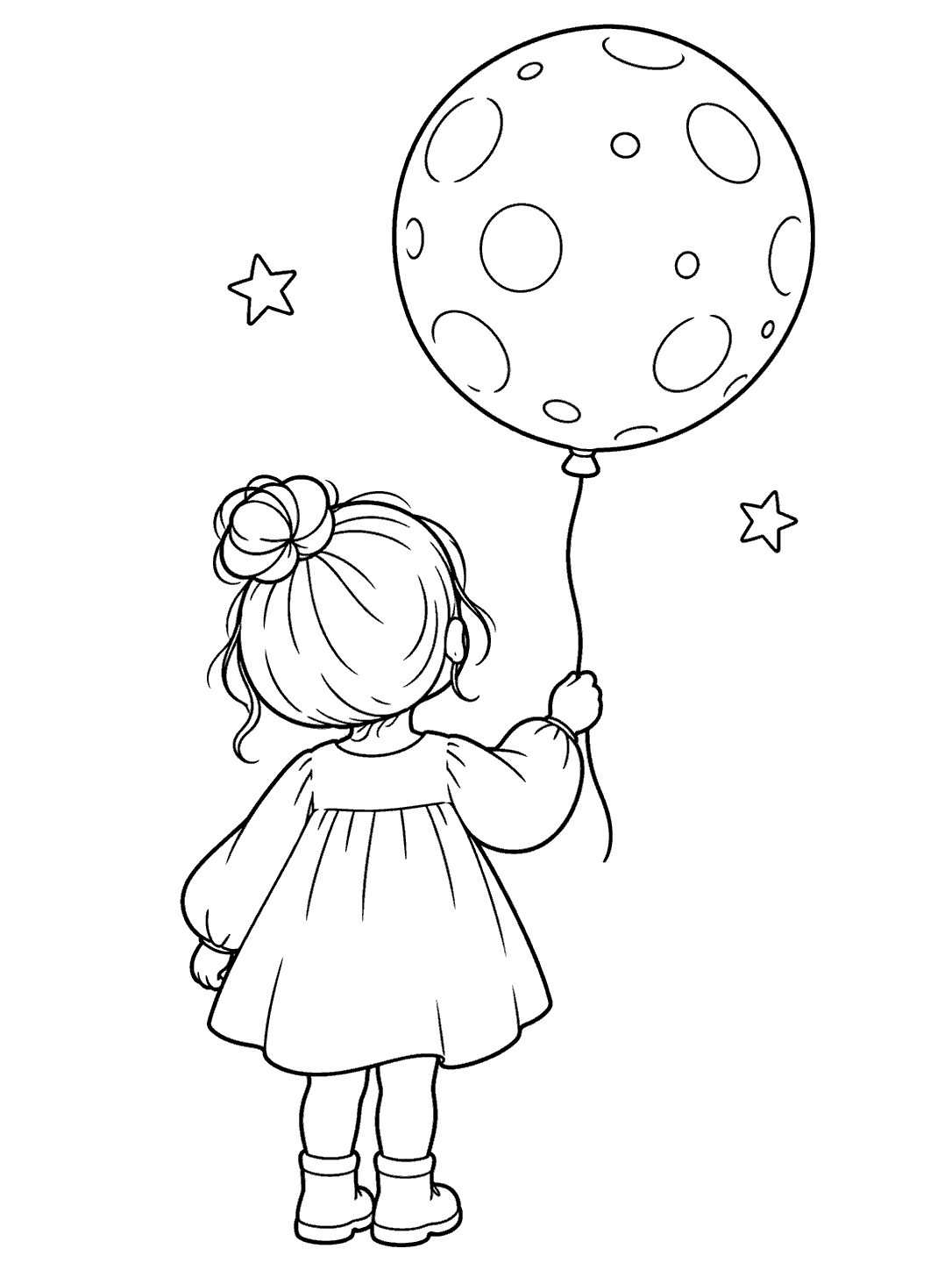 A child seen from behind holding a large moon-shaped balloon, with two stars around it, in a black-and-white coloring page.