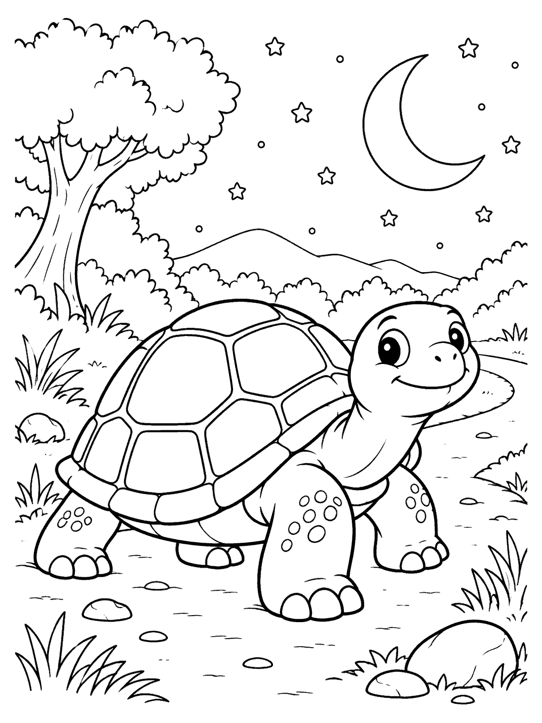 A large smiling tortoise with a segmented shell on a stony path beneath a crescent moon, stars, and trees, in black-and-white coloring-page line art.