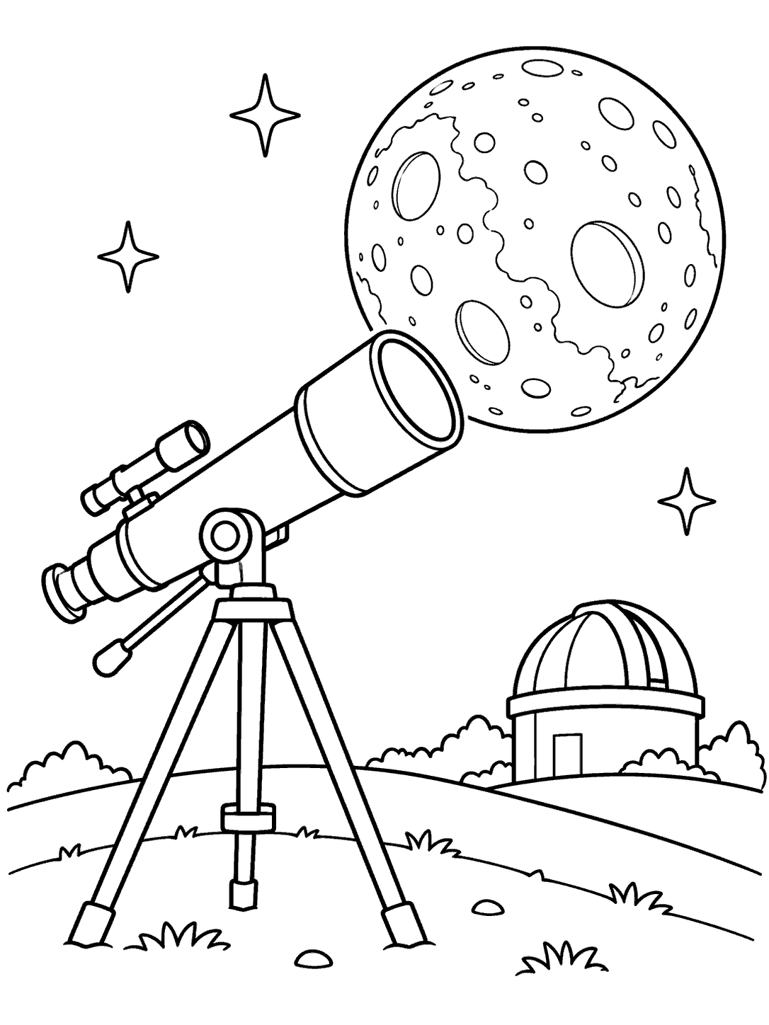 Telescope on a tripod aimed at a large cratered moon, with an observatory dome and three stars.