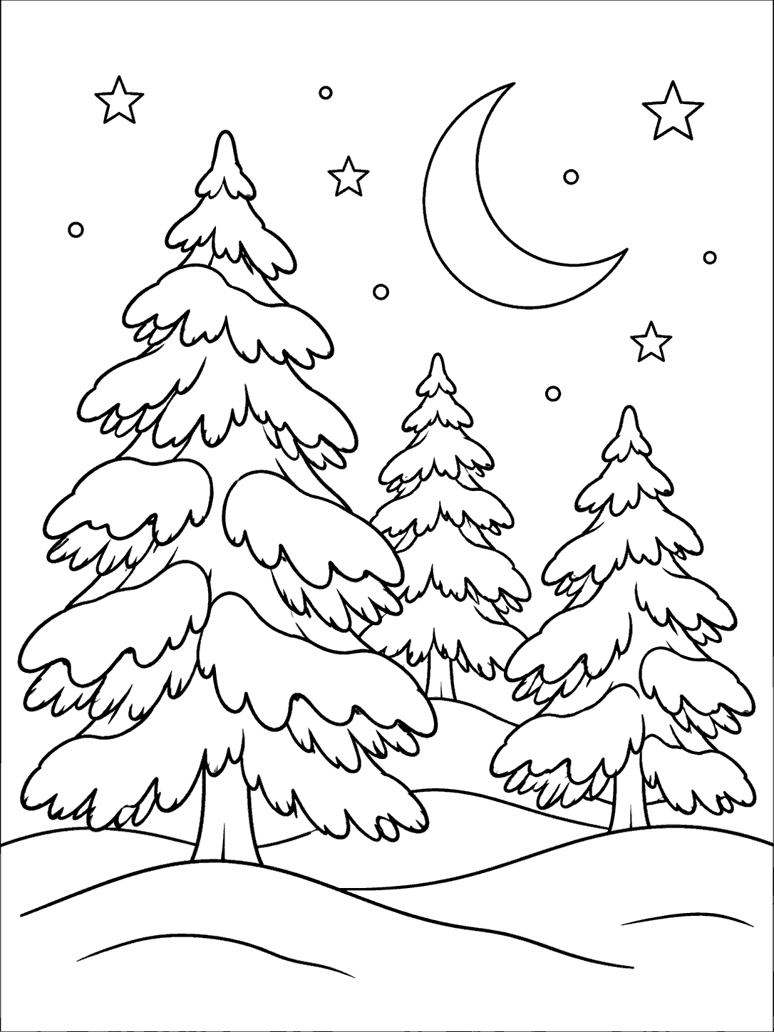 Crescent moon above three snow-covered pine trees and rolling snowbanks in a black-and-white coloring page