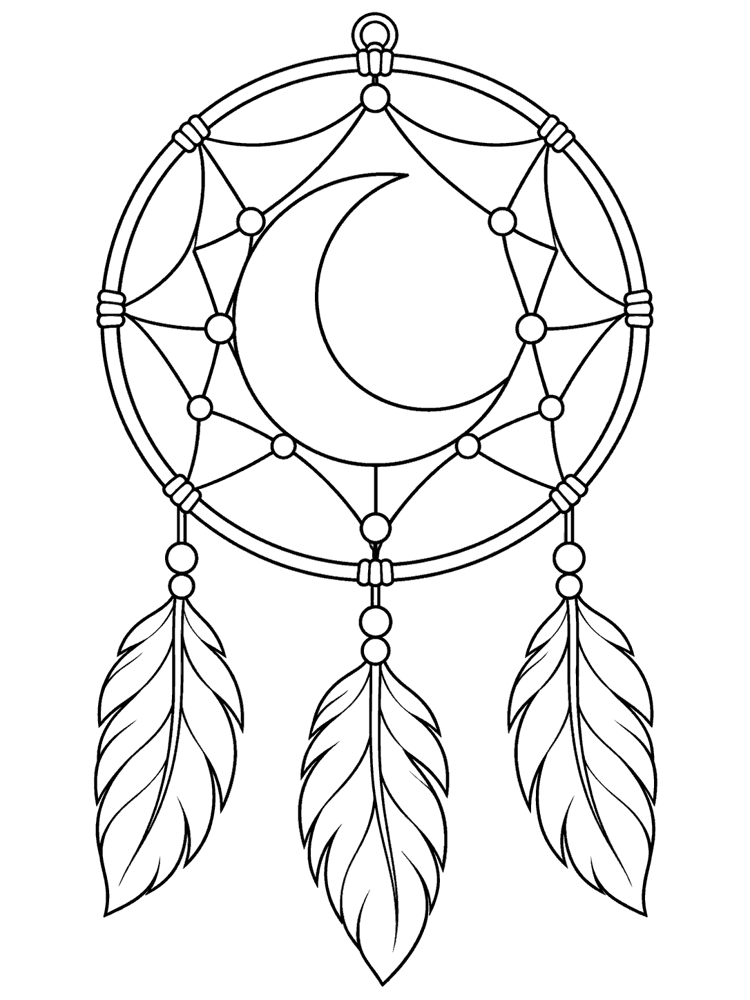 Black line art of a crescent moon inside a circular dreamcatcher with three feathers, on a white coloring page.