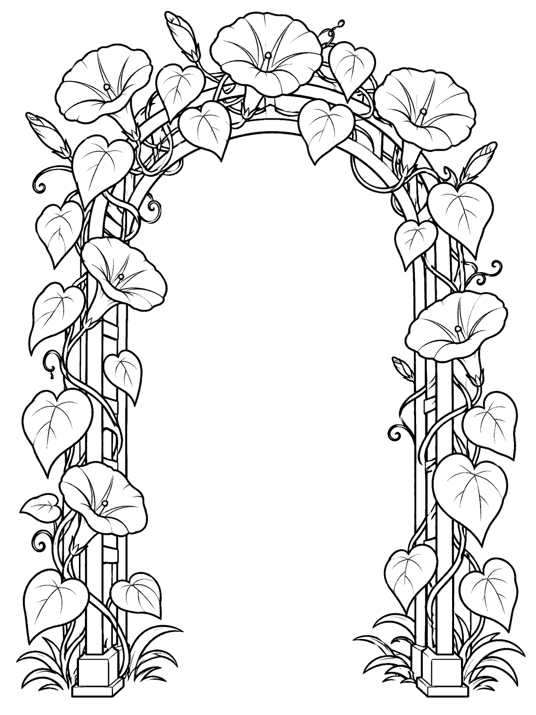 Morning glory garden arch coloring page with trumpet blooms and heart-shaped leaves framing an open arch.
