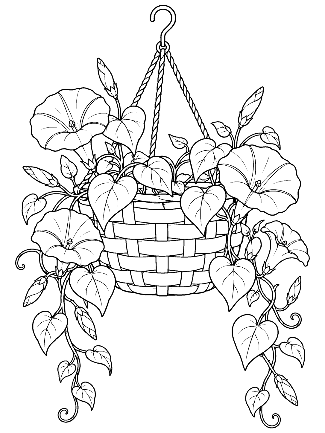 Black-and-white coloring page of a woven hanging basket with trumpet-shaped morning glory flowers, buds, and heart-shaped leaves trailing on both sides.